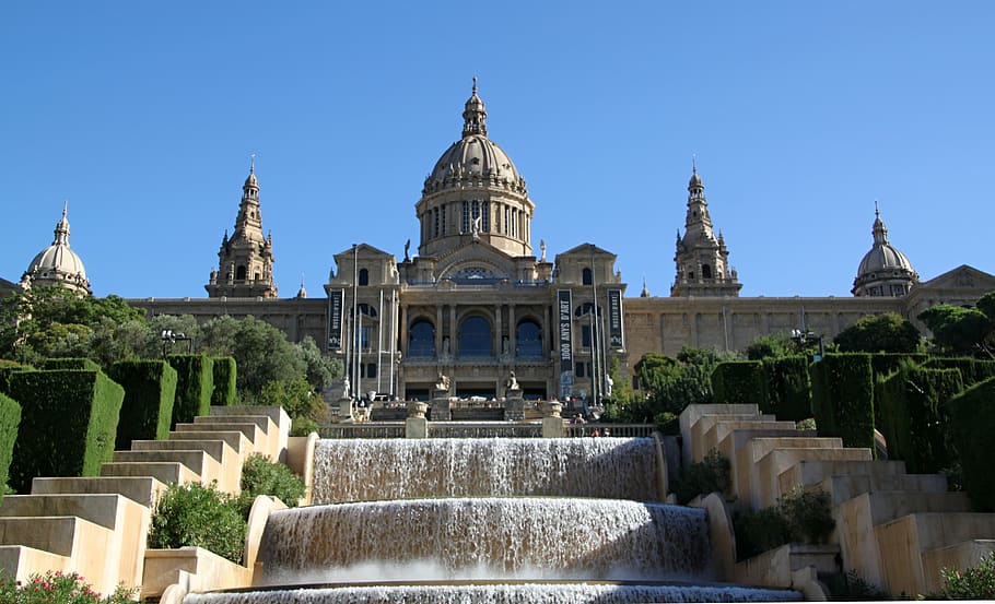 brown concrete building, museum, historically, architecture, building, barcelona, city, park, spain, waterfall, rock