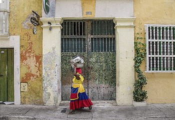 woman, wearing, yellow, blue, red, dress, colombia, indigenous, female, pedestrian, native