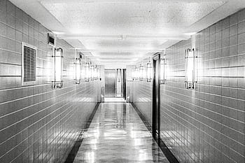 gang, tegels, lichten, vloeren, plafond