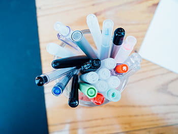 office, work, business, workspace, table, desk, pile, pens, caps, ballpoint, felt