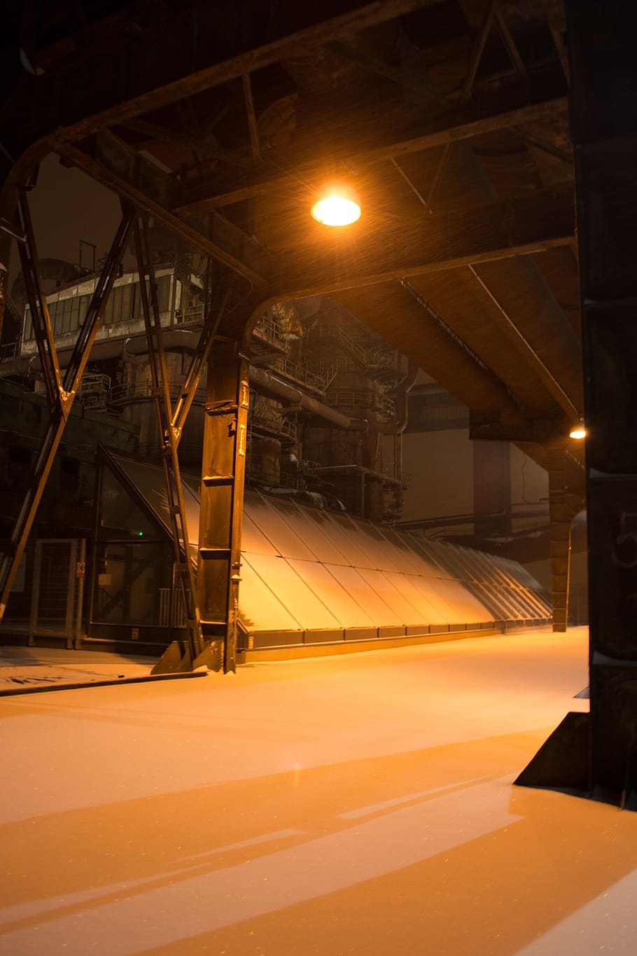 indsutrial, factory, winter, snow, extraction, steel mill, night, light, lamp, architecture, ostrava