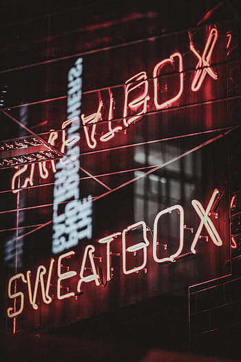 sweatbox neon light signage, wire, night, dark, lights, bar, restaurant, drinks, alcohol, beverage, signage