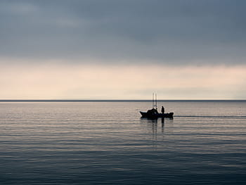 silhouette, boat, blue, body, water, cloudy, sky, person, fishing, fisherman, morning