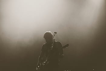 man, playing, guitar, microphone greyscale photo, guy, musician, music, people, band, stage, show