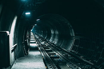 železniční silnice, uvnitř, tunel, vlak, stanice, kolejnice, stezka, temný, světla, železniční trať, vlak - vozidlo