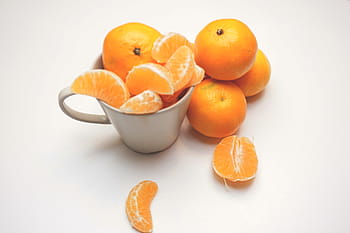plátky pomeranče, oloupané, oranžový, ovoce, bílý, keramický, pohár, mandarinky, klementinky, pomeranče, jídlo