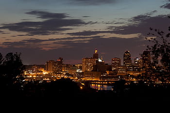sunset, skyline, river, water, dusk, twilight, night, cityscape, st paul, minnesota, mississippi river