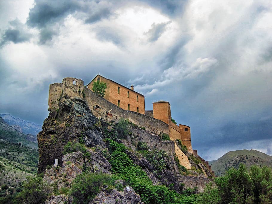 hnědý, beton, hrad, horní, hora, citadelle de corte, Francie, mezník, historický, palác, architektura
