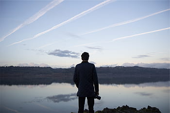 Mann, Kerl, Fotograf, Kamera, dslr, Linse, See, Wasser, Reflexion, Blau, Himmel
