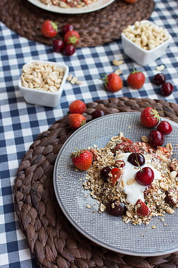 granola, cseresznye, egészséges, reggeli, desszert, itthon, zab, nyári, élelmiszer, gyümölcs, bogyós gyümölcs