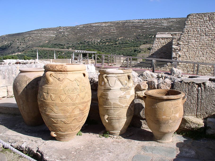 갈색 도자기 화병, 앰포 라, knossos, 크레타 섬, 그리스, 휴일, 유물, 신전, 혈관, 소리, 하늘
