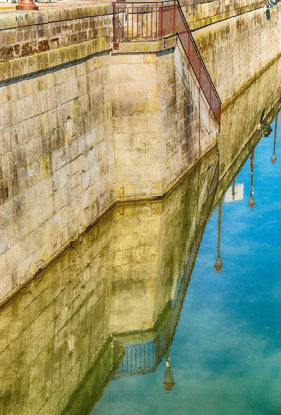riflessione, bastioni, parete, pierre, medievale, lampada da pavimento, cielo, blu, acqua, vecchio, paesaggio