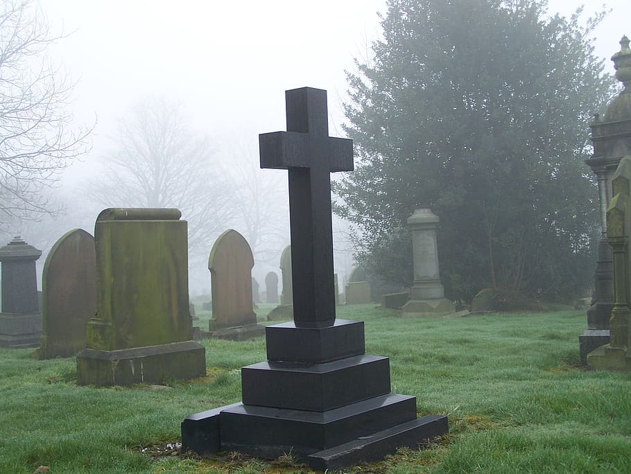 black, concrete, cross, tombstone, cemetery, grave, graveyard, scary, tomb, gravestone, fog