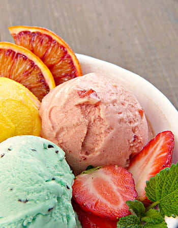 ice cream, surrounded, slice strawberry, orange, ice cream sundae, fruit ice cream, mint, strawberries, blood orange, bio, regional
