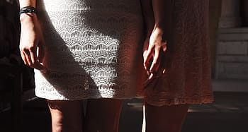 two, women, standing, next, others, brown, skirts, people, female, dress, girl