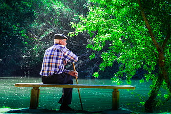 man, sitting, bench, facing, body, water, elder, meditating his life, watch the water, men, outdoors