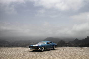 classico, blu, bianca, coupe, parcheggiata, grigio, cielo, auto muscolare, macchina classica, retrò, automobile