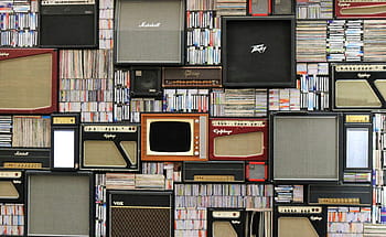 assorted-title book lot, assorted-brand amplifier lot, speaker, books, shelf, amplifier, dvd, indoors, bookshelf, large group of objects, variation