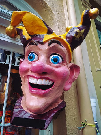 New Orleans, Mardi Gras, hlava, obří, obří hlava, loutka, maska, karneval, louisiana, podepsat, prodejna