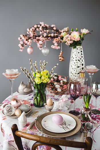 lucu, pink, dekorasi, bunga, catkins, telur, meja Paskah, meja, manis, liburan, ornamen