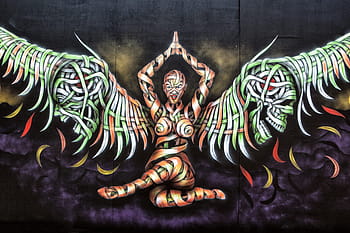 široký, úhel záběru, zachytil, kolem, široký úhel, výstřel, cihlový pruh, městský, graffiti, pouliční umění, Asie