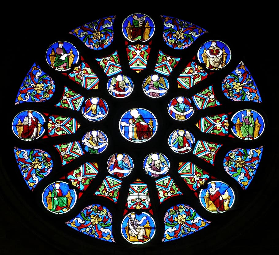 stained, glass window, Church, Stained Glass Window, stained glass, sainte anne dauray, france, multi colored, blue, window, pattern