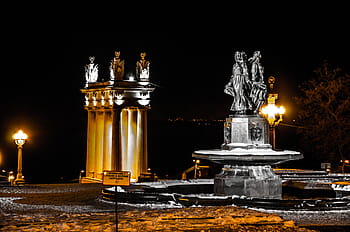 statue, lys post, mørk, nat, arkitektur, struktur, springvand, lys, sne, vinter, skulptur