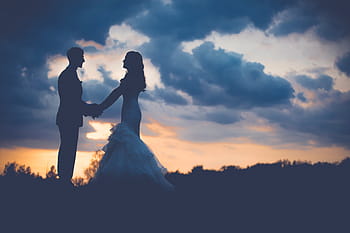 silhouette photo woman, man, holding, hands, silhouette, wedding, couples, grass, cloud, sky, dark
