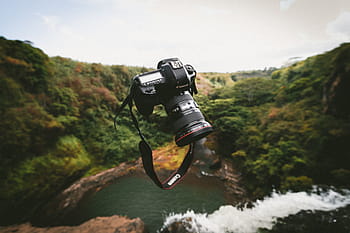 black, dslr camera, floating, air, white, clouds, camera, lens, telephoto, photographer, photography