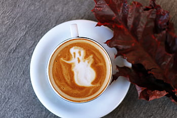 csésze, csészealj, kávé, Művészet, látte, hab, halloween, levél növényen, ősz