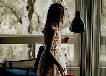 girl, standing, pendant lamp, house, home, interior, people, kid, child, dress, women