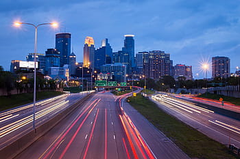 časosběrné fotografie, vozy, asfaltová silnice, časová prodleva, fotografování, panoráma města, minneapolis, město, městský, provoz, noc