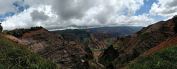 gunung batu, berawan, langit, siang hari, kauai, hawaii, waimea, kokee, perjalanan, pemandangan, air terjun