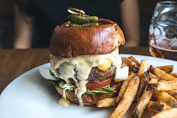 tiny, pickles, top, burger, on top, close up, meat, restaurant, wood, food, french Fries