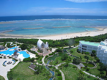 ishigaki ö, kyrka, bröllop, färgatglas, korallrev, slå samman, blå himmel, moln, okinawa, ytterliggande öar, hotell