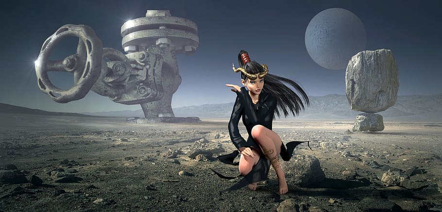 žena, Černá, oblek 3, 3d, ilustrace, fantazie, planeta, krajina, pustina, skládání, mladý