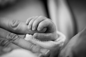grayscaled photo, baby, holding, person, hand, child, birth, trust, macro, preemie, suffering