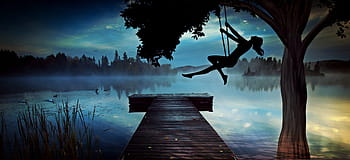 silhouette, woman, riding, swing, night, girl, lake, web, abendstimmung, tree, log