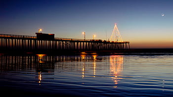 dock, ocean, golden, hour, silhouette, lights, nighttime, sea, water, reflection, christmas