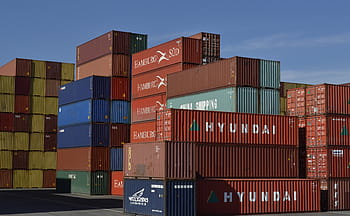 red, blue, cargo containers, container, cargo, transport, logistic, container port, container terminal, port of nuremberg, blue sky