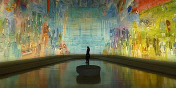 osoba, stojící, kulatý kámen, malba na plátně, kolo, kámen, plátno, malba na zdi, muzeum, umění, nástěnná malba