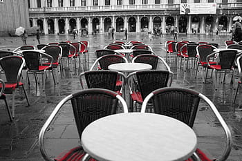stainless, steel tables, chairs, wet, floor, selective, color, photography, restaurant, tables, terrace