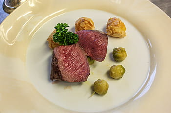 grilled, meat, white, ceramic, plate, venison, brussels sprouts, almond fishball, gourmet, menu, restaurant