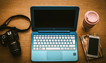 hp laptop computer, nikon dslr camera, smartphone, blue, laptop, computer, near, dslr, camera, phone, gadget