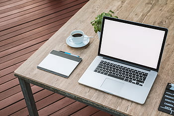 macbook, pro, turned, top, brown, wooden, table, teacup, saucer, MacBook Pro, turned on