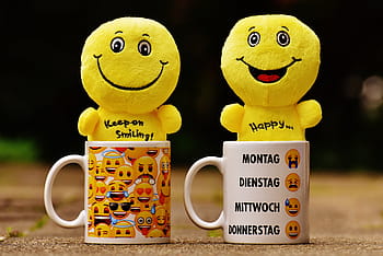 dua, kuning, emoji, mewah, mainan, putih, keramik, mug, smilies, t, lucu