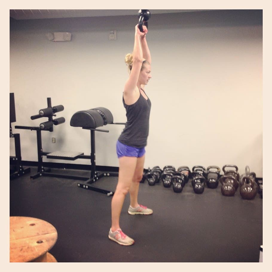 žena, zdvihání, konvice zvon, cvičení, zvonek, zdatnost, výcvik, konvice, hmotnost, kettlebell, vejít se