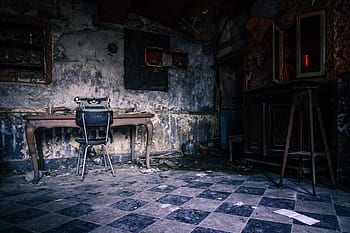 pokoj, místnost, temný, prostor, starý, interiér, vinobraní, ponurý, podlaha, špinavý, psací stroj, spisovatel