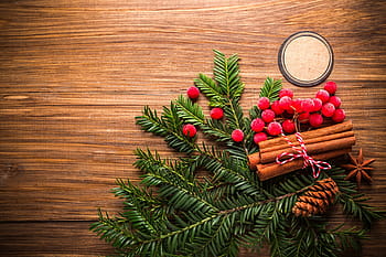 shot, christmas table, Overhead, Christmas, table, various, xmas, decoration, branch, fir Tree, wood - Material