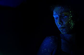 woman, green, lights, face, art, artist, dark, blue, man, guy, darkness